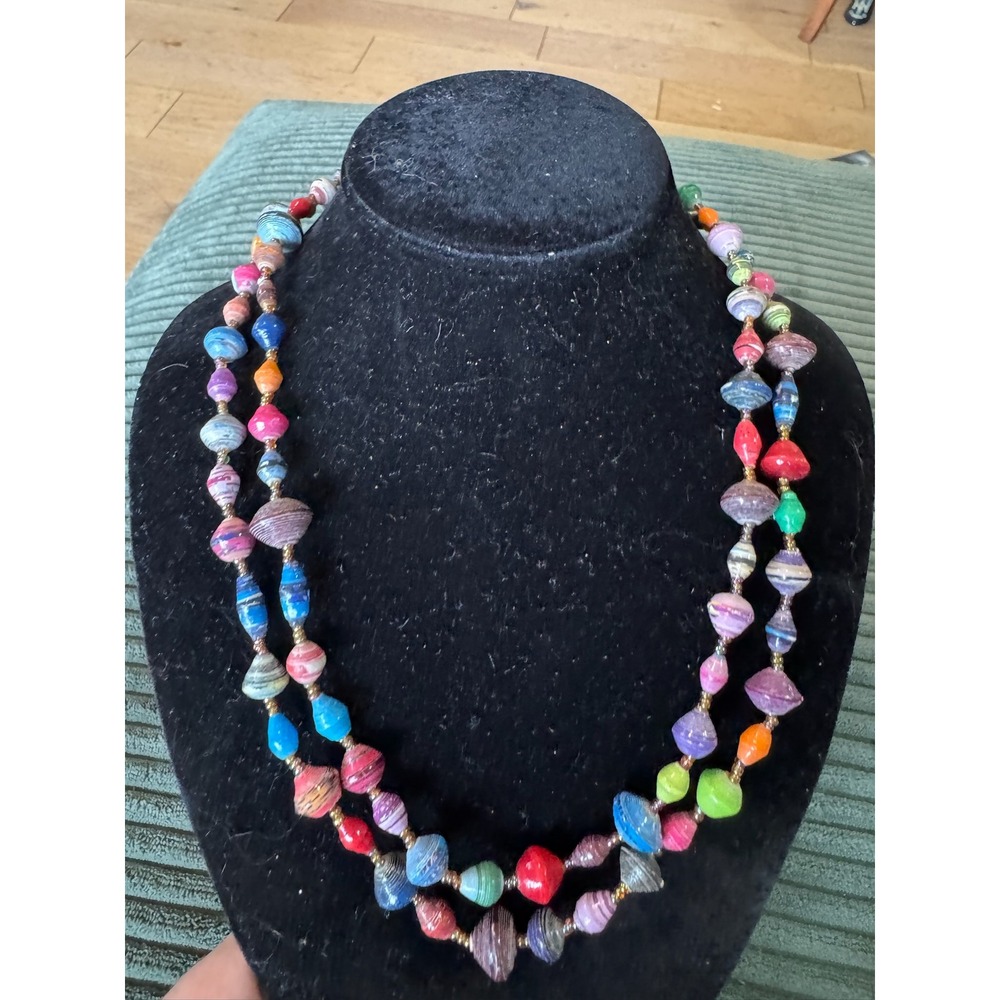 Handmade Colorful Paper Bead Long Strand Necklace - Statement Jewelry
